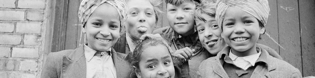 Black and white image, group of children