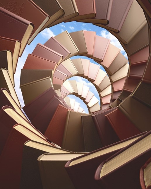 A spiral of books rising vertically to the sky, photographed from below