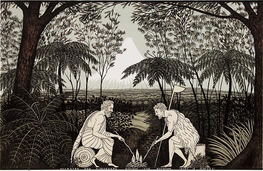 Socrates and Titokowaru discuss the question, ‘What is Virtue?', lithograph by Marian Maguire