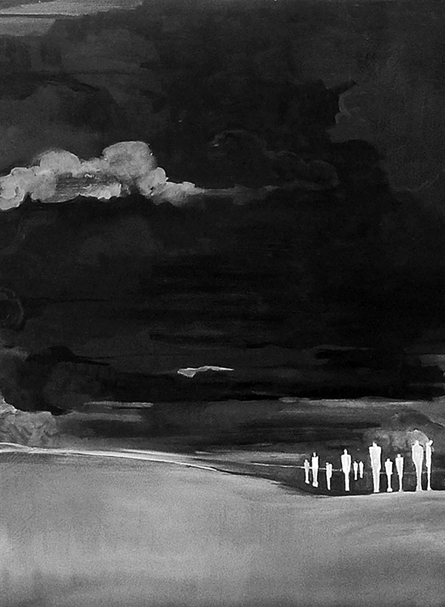 black, grey and white image of a beach scene with standing white figures and clouds in the sky