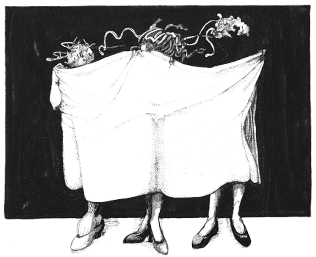 black and white image of three gorgons hiding behind a sheet, their snake hair visible over the top 