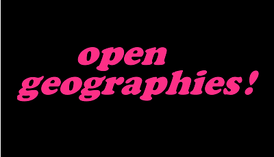 Black and pink text of the Open Geographies project