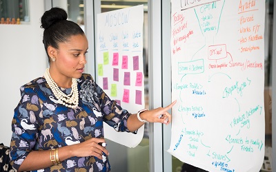A lady stands pointing at a board covered in notes and post-it notes, with her hair in a neat bun on her head. She wears a striking necklace made up of thick white beads and a dress with cats on