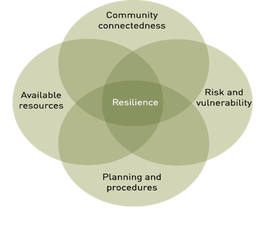 Venn diagram showing 'Resilience' in the centre, with 4 overlapping circle themes, top: Community and connectedness, Risk and vulnerability, Planning and procedures, and Available resources.