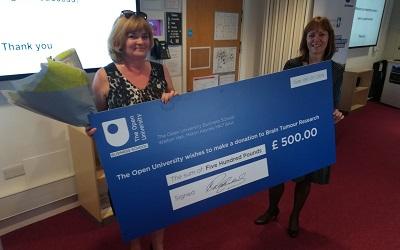 Image shows Professor Siv Vangen from the OU Business School presenting a cheque for £500 to Sue Farrington Smith