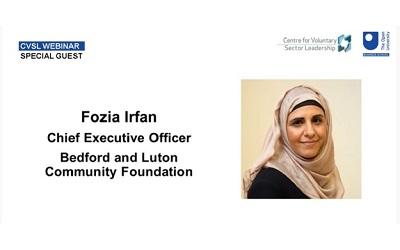 Image shows a screenshot of the opening image of the webinar. It has a photo of Fozia Irfan smiling at the camera with her name and job title written on the slide. She wears a cream hijab and a black jumper.