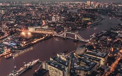 Image shows London from the sky at night