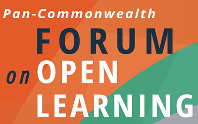 Words Pan Commonwealth Forum on open learning displayed on orange and green background