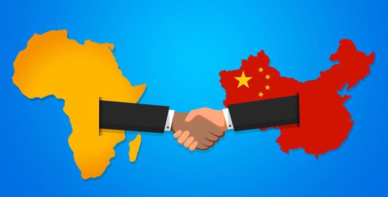 Artwork of handshake superimposed on outlines of Africa and China
