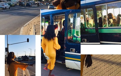 Image shows a trans woman in Mozambique using public transport. She told us "Public transport - this photo represents stigmatization I can face on buses due to my identity"