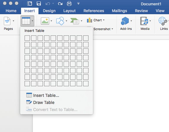 Screenshot that shows Insert Table window with a grid used to select the number of rows and columns that will be used in the Table.