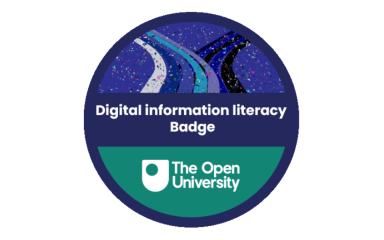 A circular badge that has the OU logo and the words, 'Digital Information Literacy badge' inside of it.