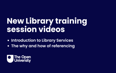 A dark blue background featuring the OU logo underneath the text, 'New Library training session videos. Introduction to Library Services. The why and how of referencing'.