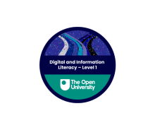 A circular badge that has the OU logo and the words, 'Digital Information Literacy - Level 1' inside of it.