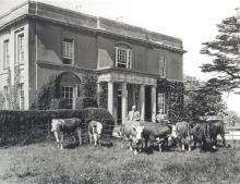 Black and white photograph taken outside Walton Hall around the 1950s/1960s, featuring Brigadier Eric Earle, who owned the estate until 1965, and the Earles' farm manager, Mr. Brown, with their herd of cows.