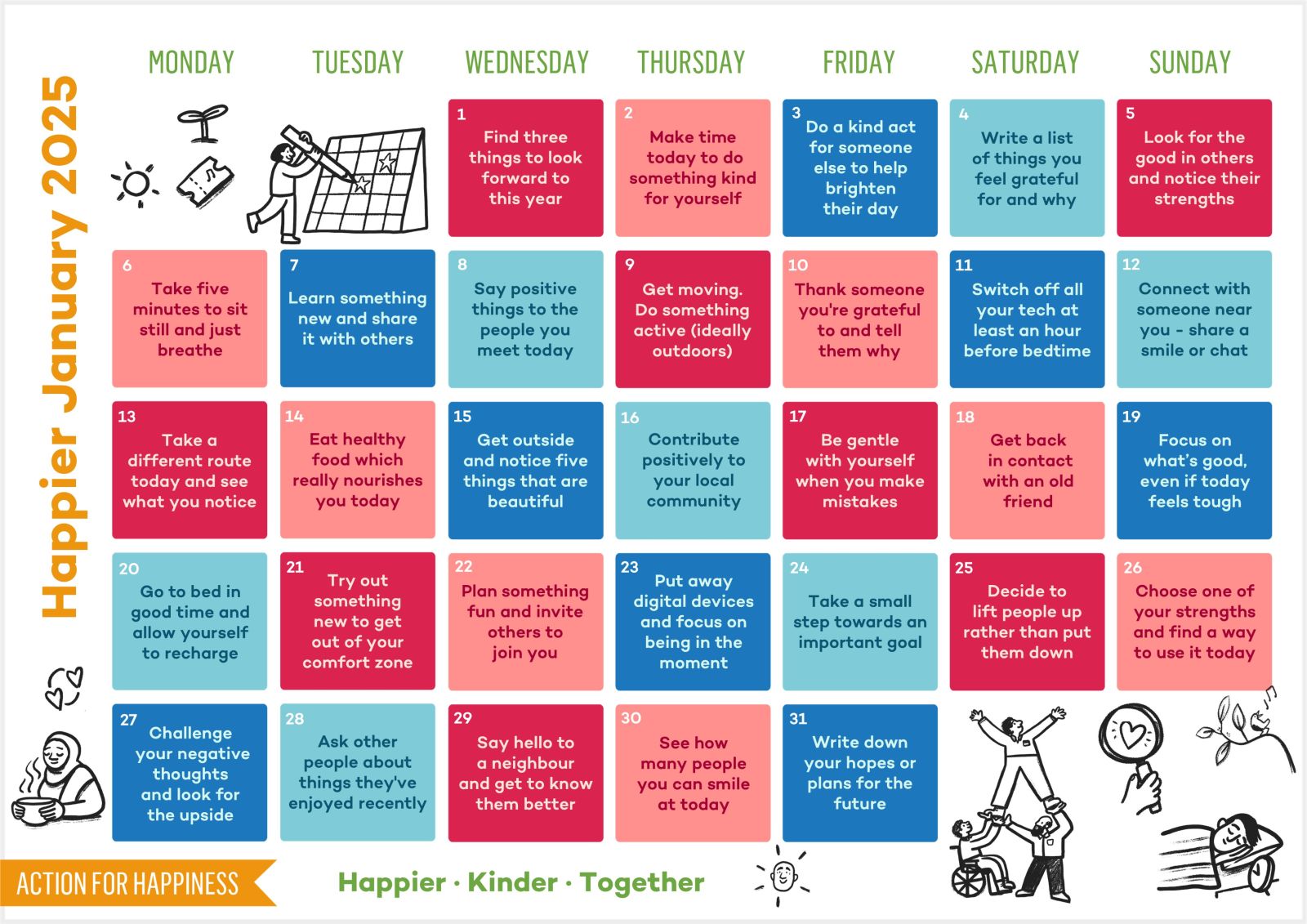 Poster of a calendar with daily wellbeing tips 