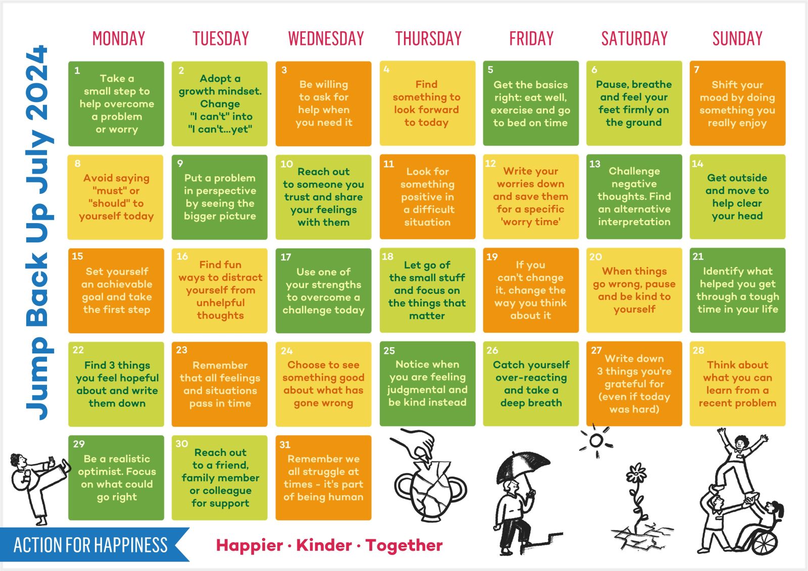Poster of a calendar with daily wellbeing tips 
