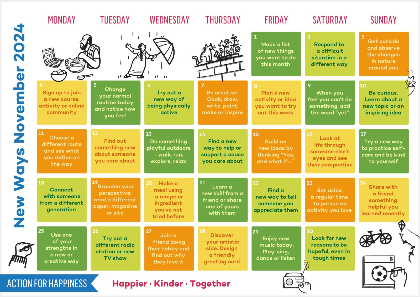 Poster of a calendar with daily wellbeing tips 