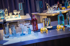 A selection of the Bombay Sapphire gins, cocktail shakers and glasses