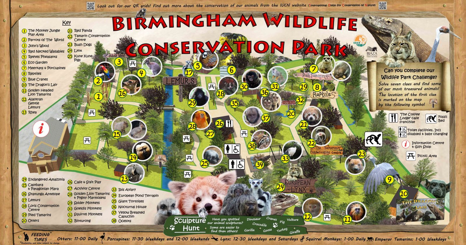 Map of the Birmingham Wildlife Conservation Park with images of animals