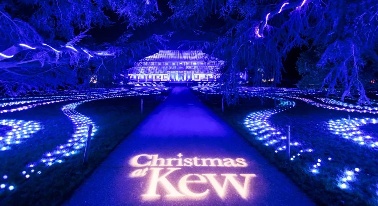Christmas at Kew in words in front of pavillion