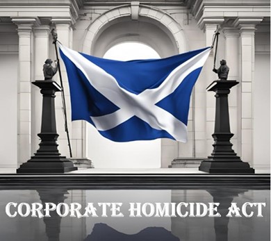 In the foreground, a Scottish flag (a white diagonal cross on a blue background) is held up between two bronze busts on plinths, with an archway in the background. Underneath, a piece of text reads Corporate Homocide Act.