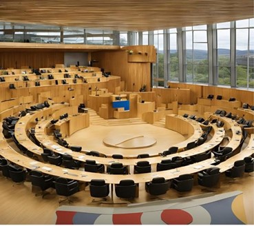 An imagine of a parliament. Rows of chairs and desks encircle a stage. In the background there are windows looking out over hills and forests.