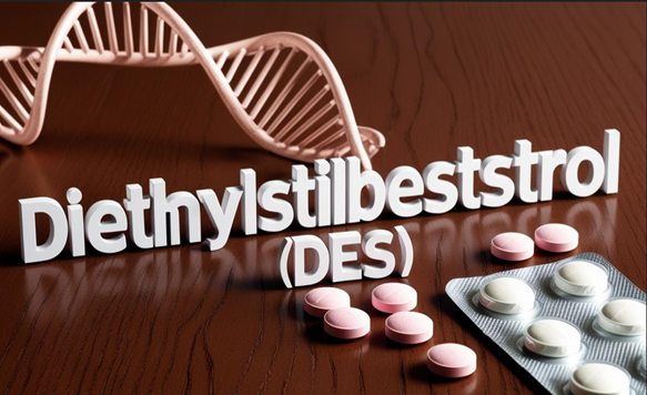 An image of a double helix and some pills, with the word Diethylstilbeststrol (DES) running through it.