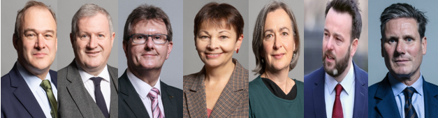 MPs supporting calls for the implementation of First do No Harm - (From left to right - Sir Ed Davey, Leader of the Liberal Democrats, Ian Blackford, Westminster Leader of the SNP, Sir Jeffrey Donaldson, Leader of DUP Party in Westminster, Caroline Lucas, co-Leader of the Green Party, Liz Saville-Roberts, Plaid Cymru, Westminster Leader, Colum Eastwood,  Leader of the Social Democratic and Labour Party and Sir Keir Starmer Leader of the Labour Party).