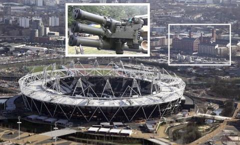 A birds eye view of Wembley stadium with an image of a missile battery above it.