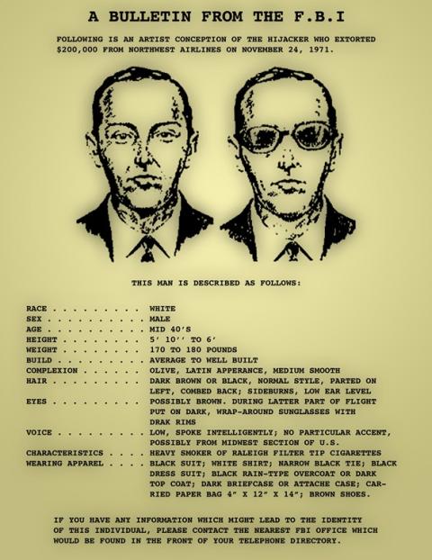 A typed wanted poster for DB cooper, titled 'A Bulletin From The F.B.I.', with two artists' renditions.
