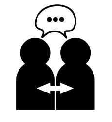 Two black markers representing people with a speech bubble above their heads.