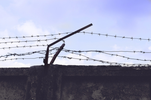 Barbed wire above a concrete wall.