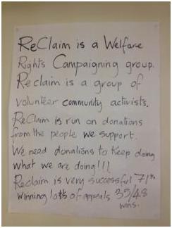 A handwritten letter saying ReClaim is a Welfare Rights Campaigning group.'