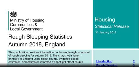 A report titled 'Rough Sleeping Statistics Autumn 2018, England'.