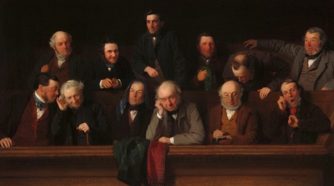 John Morgan's painting 'The Jury' (1861) which shows 12 white men looking bored.