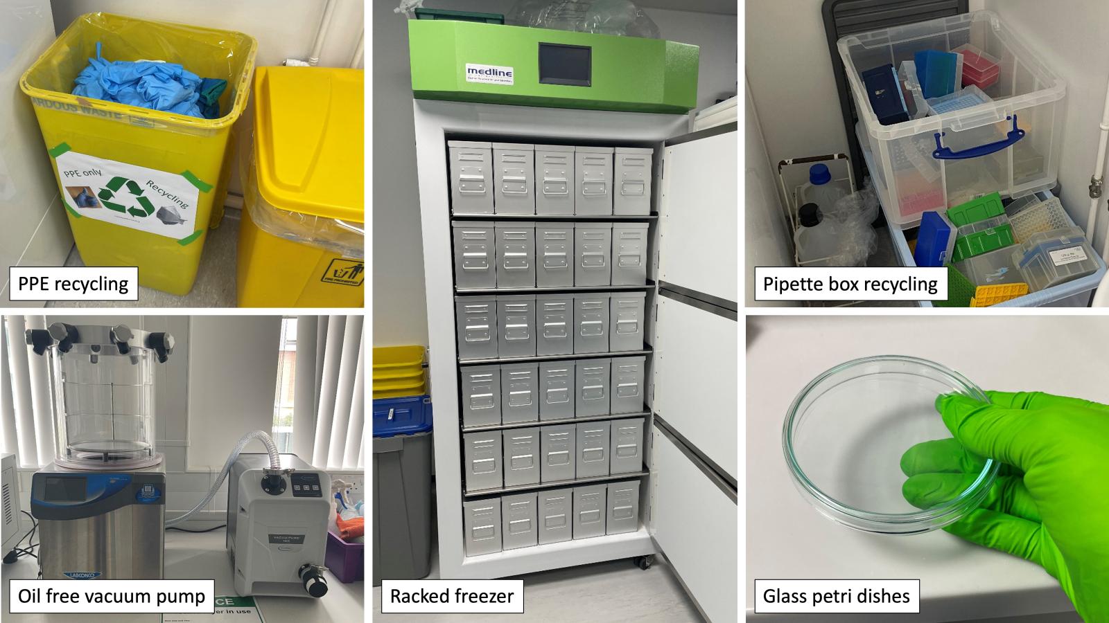  PPE Recycling, Oil free vacuum pump, Racked freezer, Pipette box recycling and Glass petri dishes