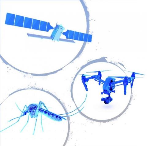 Image of a satellite, drone and a mosquito  