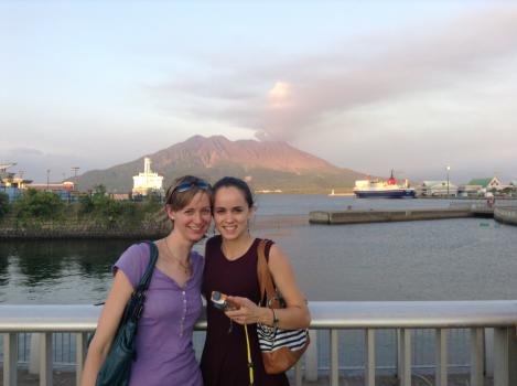 Bethan and Saskia in front of Sakurajima, Japan.