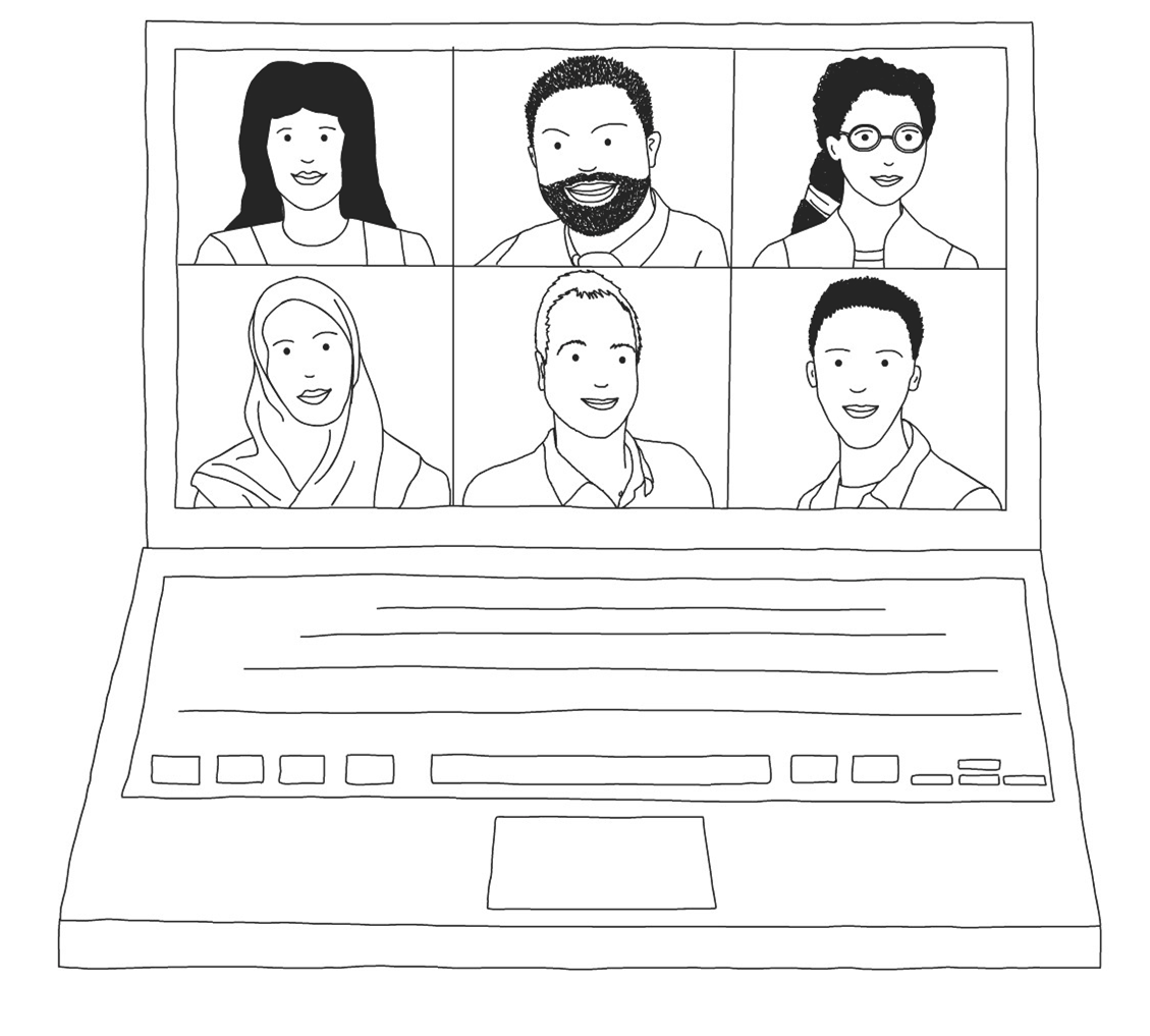 black and white illustration of a hand drawn laptop with video conference taking place. The laptop shows six people on the screen.