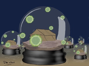 A tent within a glass bowl with Coronavirus cells around it depicts the danger of the virus in refugee camps