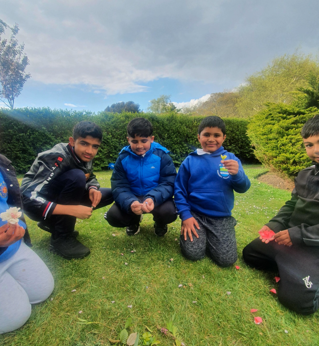 a group of children holiding flowers and plants collected from the park