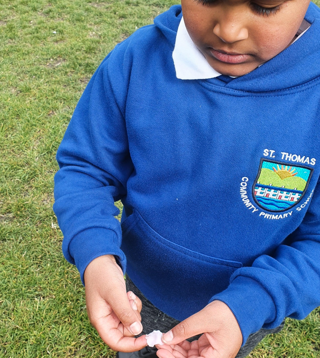 a child holding picked leaves