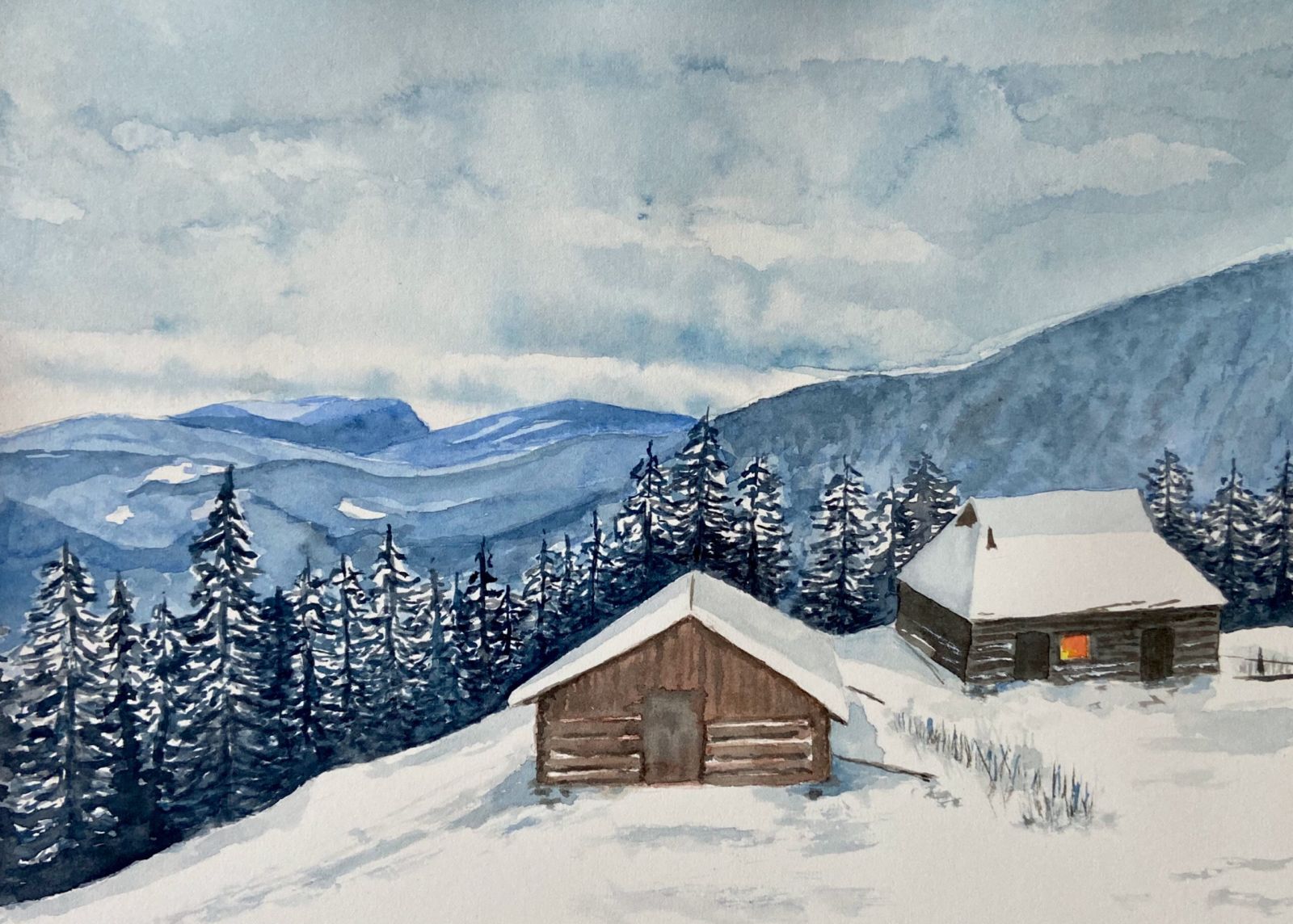 painting of snow house and snow mountain