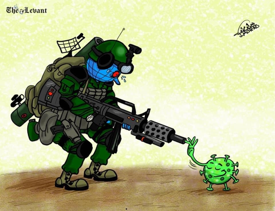 cartoon of fully-equipped solider shoots green virus, by Jawad Morad