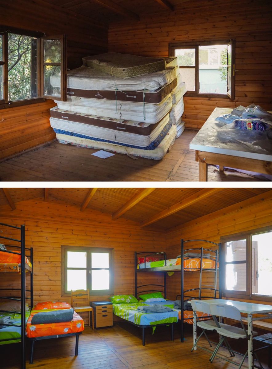 The wooden cabins before and after