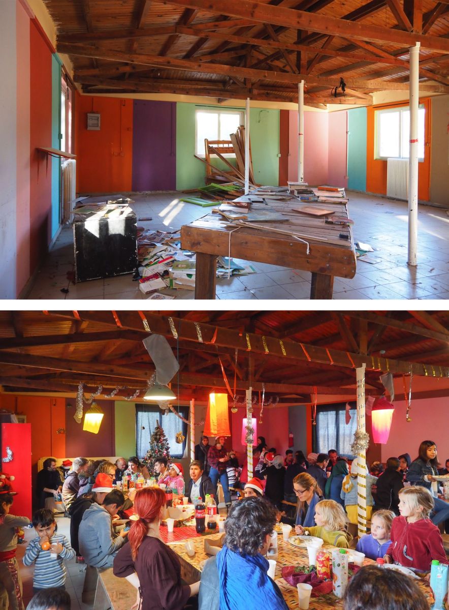 The communal hall before and after