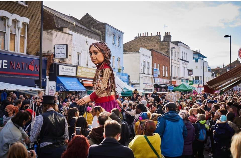 Amal with crowds in Deptford Market