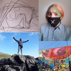 shows a collage of four smaller images. Top left: a hand-drawn sketch titled 'Entrapment', featuring a figure curled up in a fetal position, surrounded by overlapping angular lines creating a sense of confinement or tension. Top right: an image of a young person with a black mask with an "X" symbol on it titled 'Anguish', their face is partially painted green with small virus-like symbols, they wear a light blue shirt and have a concerned expression. Bottom left: A person standing triumphantly on a rock with their arms spread wide, titled 'Freedom Air'. They are dressed in casual dark clothing and are set against a clear blue sky. Bottom right: A colorful mural depicting a large, monstrous, virus-like creature preying over a city, with keyworkers standing in position to defend