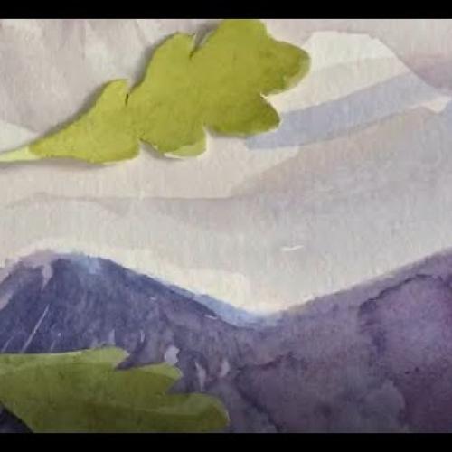 Painting of leaves and mountain